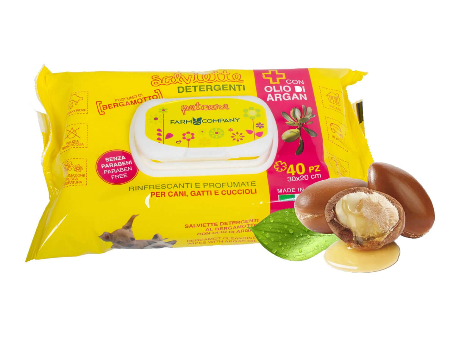 Farm Company pet cleansing wipes for dogs and cats with Argan oil and Bergamot, gentle hygiene product for pets.