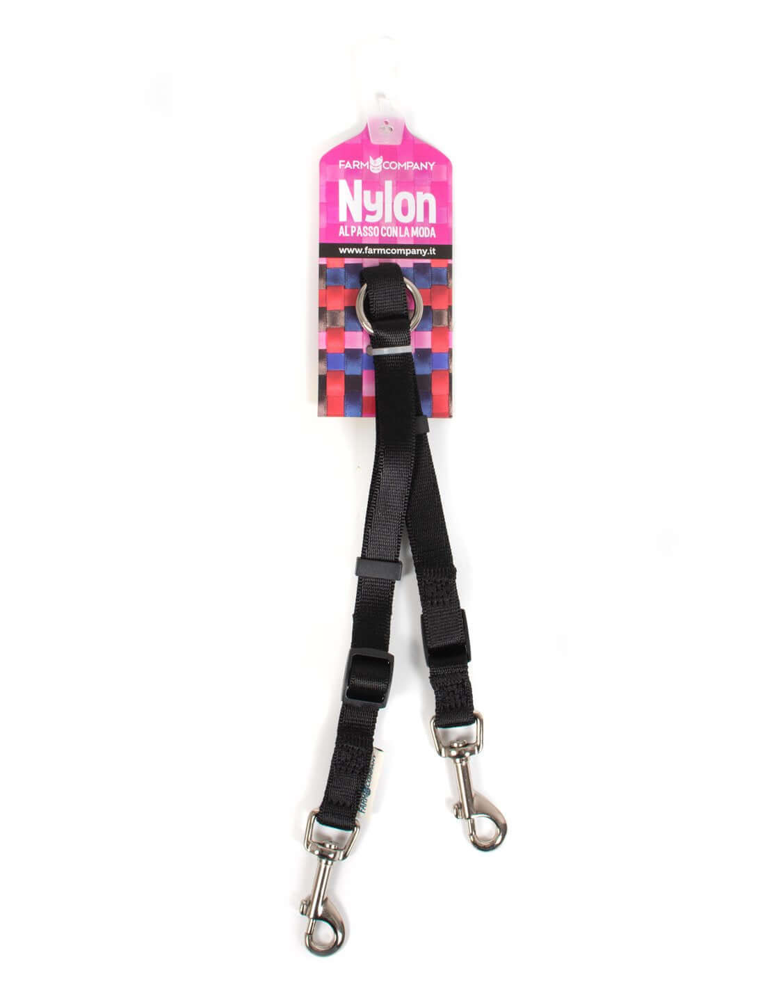 Farm Company black nylon adjustable double dog leash, 15mm x 50/76cm, with handles for control and comfort.