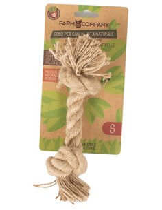 Small Farm Company green rope dog toy with two knots, durable and suitable for chewing and playing.