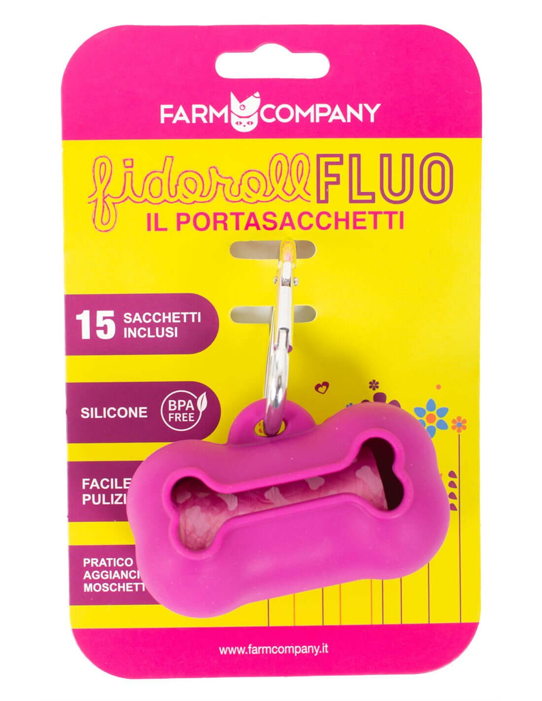 Farm Company Fidoroll Fluo Bone Silicone dispenser +15 bags asstd. colors - مستلزمات النظافة والعناية والرعاية - Zue For Pet Supplies Co.