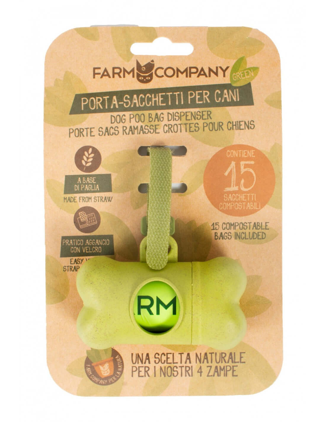 Farm Company FC Green degradable dispenser with 15 compostable bags for pet hygiene and health.