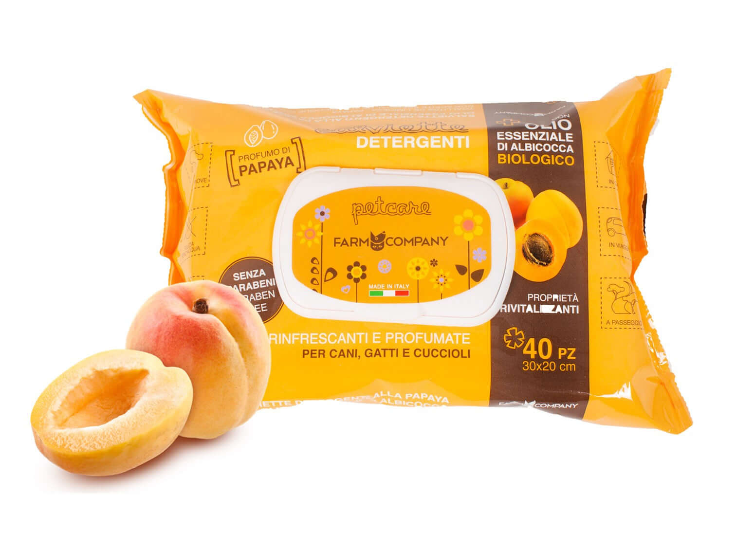 Farm Company pet cleansing wipes with apricot essential oil and papaya, 40 pcs, for pet hygiene and health care.