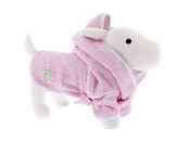 Pink Ferribiella pet bath robe, soft and cozy apparel for dogs or cats, shown hanging on a hook.