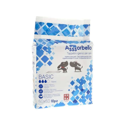 Ferribiella Basic Pads 60x60 cm, 10-pack with polymer for pet hygiene and care, shown in the product image.