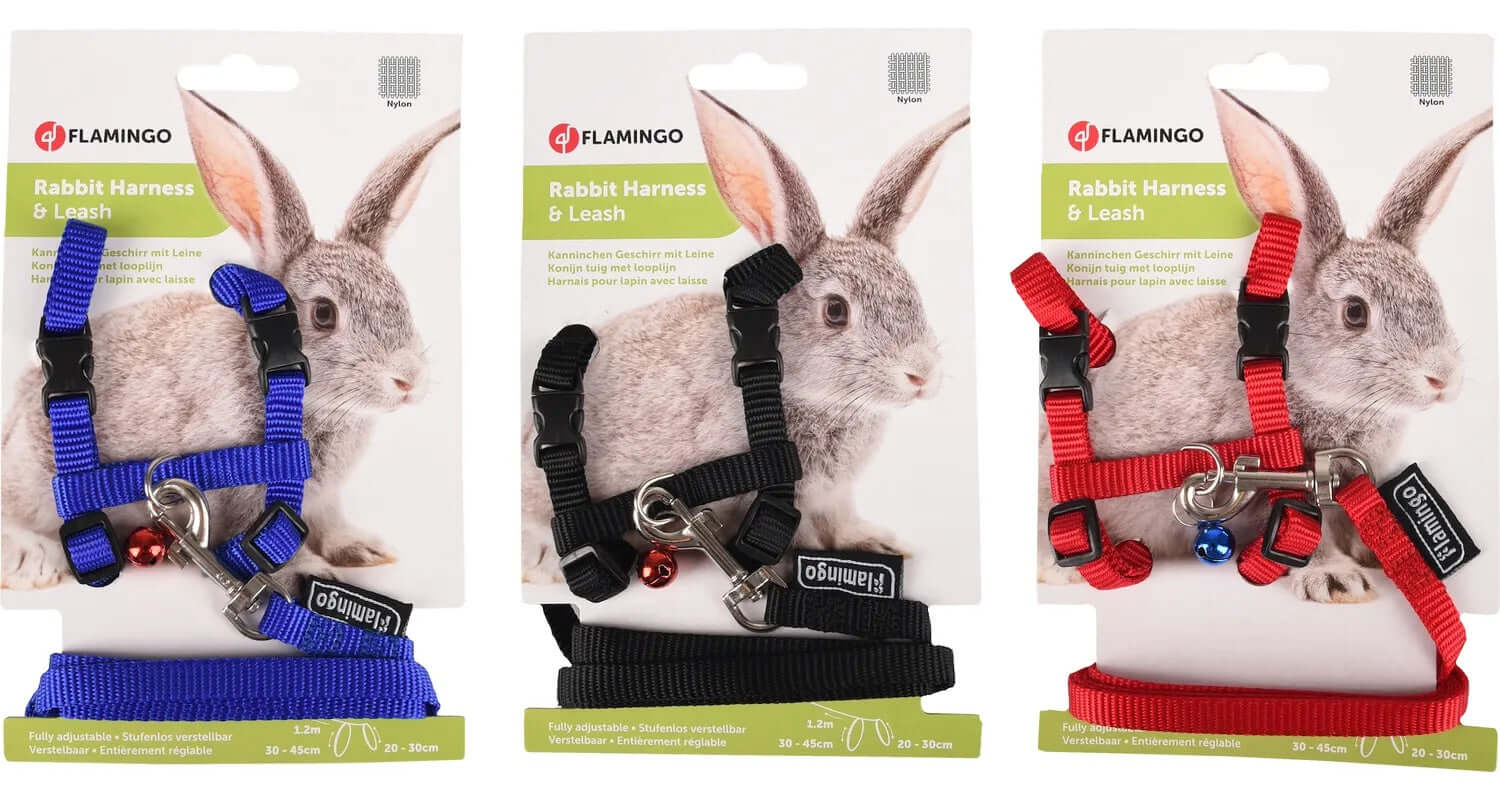 Flamingo rabbit harness and lead set with adjustable 20-30cm straps, lightweight and secure for small rabbits.