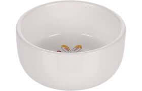 White ceramic small animal feeding bowl by Flamingo, round 11.5cm, ideal for rabbits, with 325ml capacity.