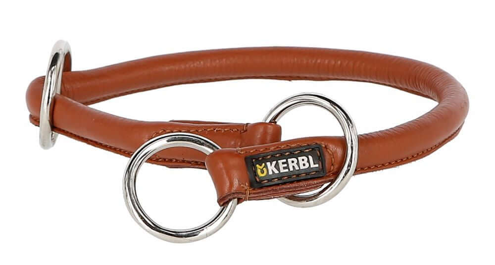 Kerbl round leather dog collar with stopper, 55cm x 8mm in cognac color, stylish and durable for medium-sized dogs.