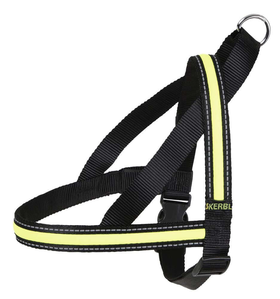Kerbl Light & Reflex Flashing Dog Harness in black with reflective and flashing features, adjustable 2.5x65-80cm for dogs.