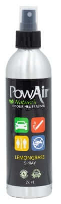 PowAir Lemongrass Natural Odour Neutraliser spray in 250ml bottle, fresh lemongrass scent, natural air freshener and deodorizer