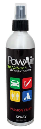 PowAir Passion Fruit natural odour neutraliser spray in 250ml bottle, featuring fresh passion fruit scent for natural air freshening.