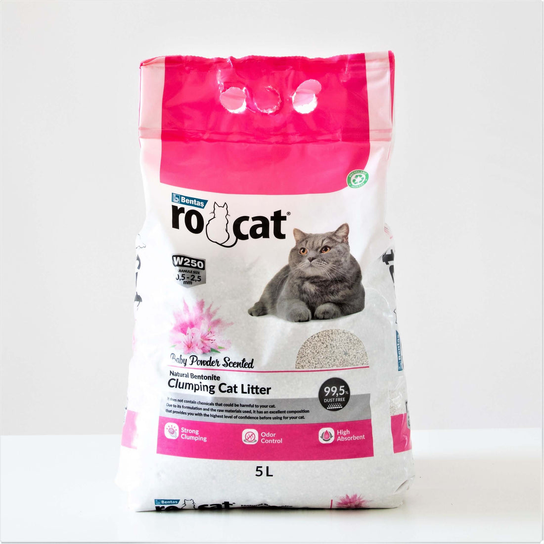 RoCat Baby Powder Cat Litter 5L, soft and absorbent cat litter with baby powder scent, designed for fresh, clean feline comfort.