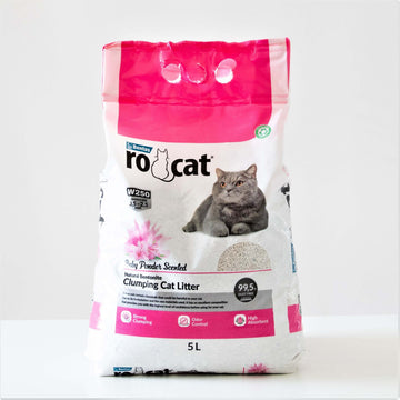 RoCat Baby Powder Cat Litter 5Ltr, soft, absorbent cat litter with baby powder scent, designed for odor control and comfort.