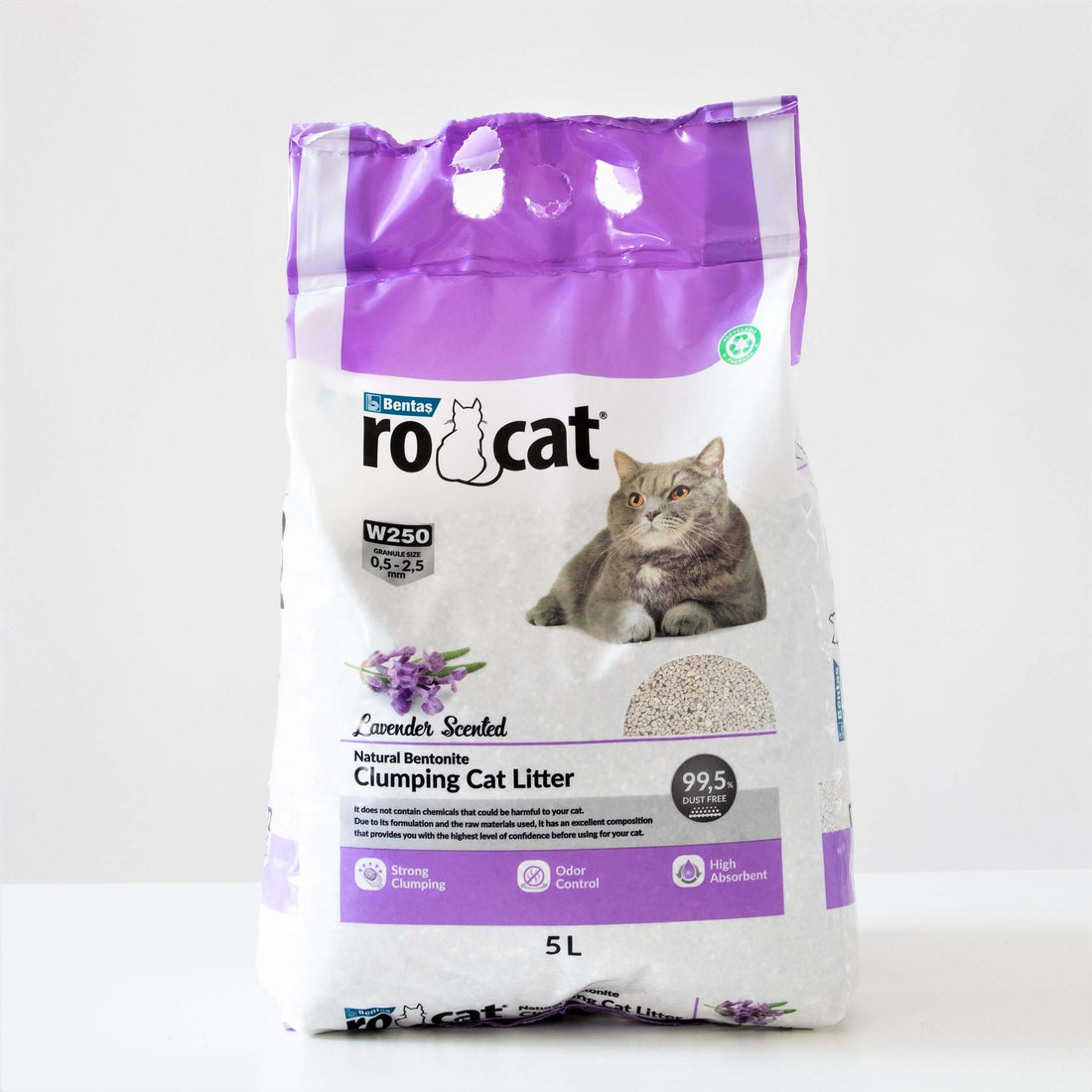 RoCat Lavender Cat Litter 5L, natural scent, clay-based cat litter for odor control and easy cleaning.