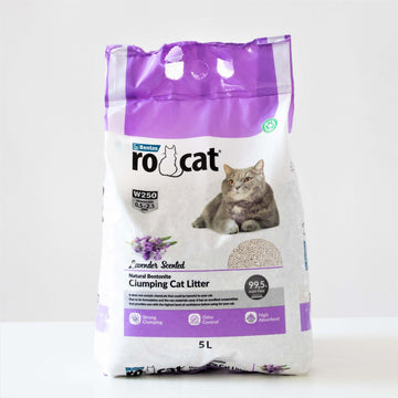 RoCat Lavender Cat Litter 5Ltr in a bag, showing lavender-scented cat litter for odor control and comfort.