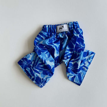 Blue floral Ziggy Dog swim shorts for dogs, size M, stylish pet apparel perfect for summer swimming and outdoor activities.